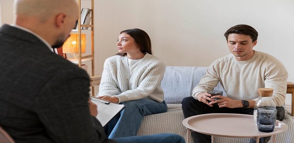 Couple sitting in front of counselor facing opposite to each other.